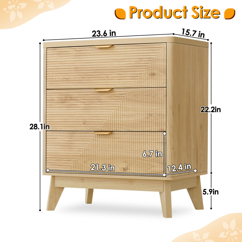 Nightstand Set of 2 with 3 Drawers, Fluted Modern Design for Bedroom, 23.6"W X 15.8"D X 28.3"H, Twill Nature, Twill