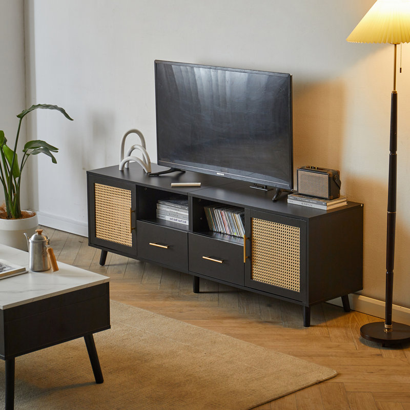 Black Wood and Rattan TV Stand with RGB Lights