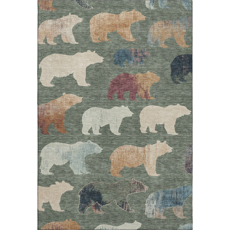 Premium Machine Washable Mayfield AMF2338 Lodge Rug, Green, 9' x 12'