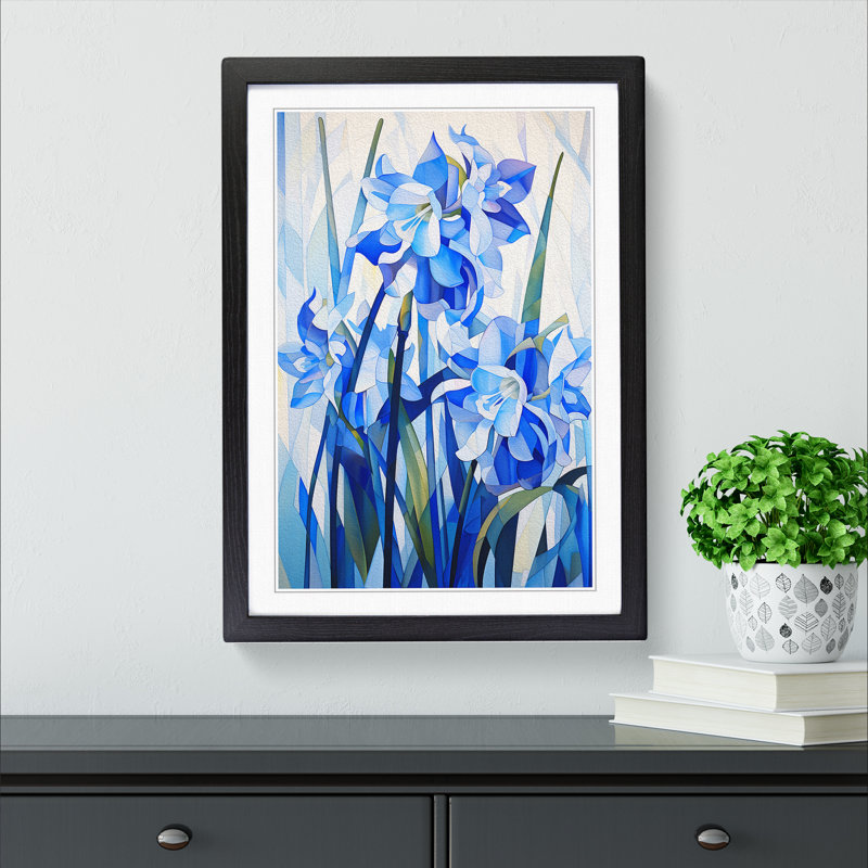 Bluebell Flower Cubism - Single Picture Frame Print on Wood, Black Framed, 34cm H x 25cm W x 2cm D