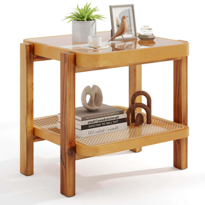 1 Pcs End Table With Tempered Glass Top Acacia Wood Legs Rattan Storage Shelf