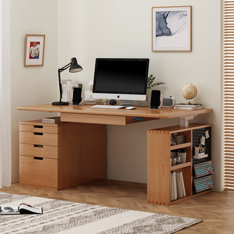 Bureau rectangulaire brun en bois massif avec 5 tiroirs, Retour à droite, 45.28" H x 70.87" W x 29.53" D