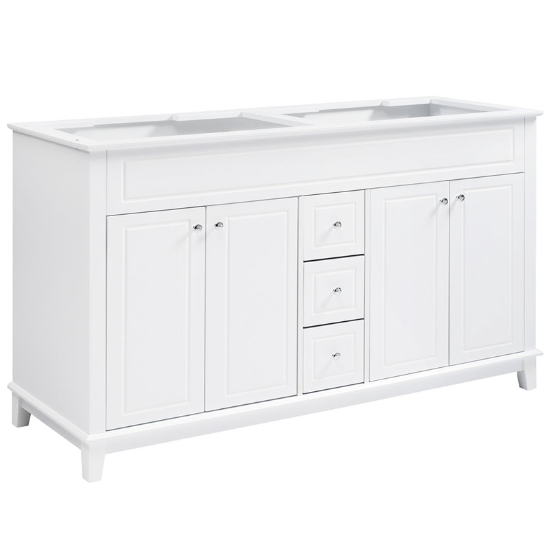 Armoire de meuble-lavabo 58 po seulement, 3 tiroirs et 4 portes (2 avec tablettes à double couche), pieds en bois massif, tous à fermeture en douceur