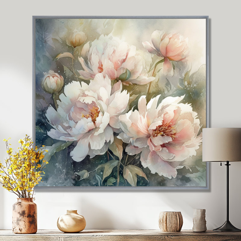 Pivoines roses et vertes sur une branche II - pivoines, art mural, H 24 po x l 24 po x P 1 po, Encadrement argenté