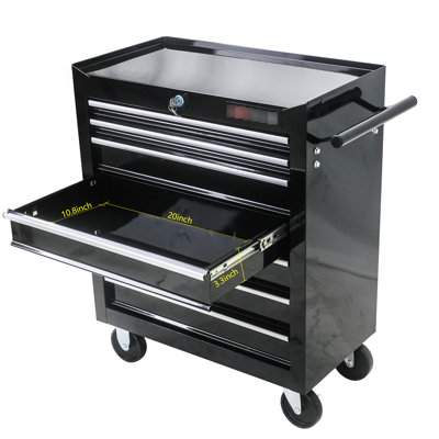 Black 7 Tool Trolley With Movable Wheels, Lockable Box, Bearing Slides, Robust Steel Construction, 4 Included 7 Drawer Cart Wheels In Black, Container, Slide, Frame, , 2 Brake