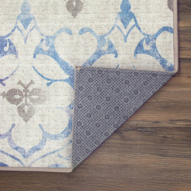 Beige Blue Floral Synthetic 5' x 7' Washable Area Rug