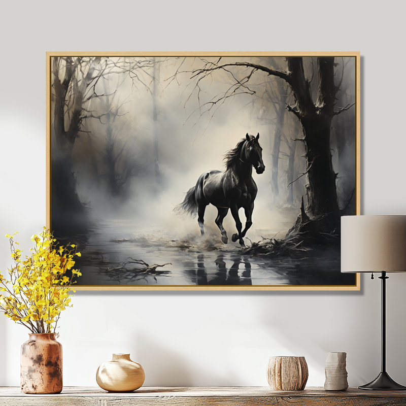 «Gray Horse Misty Morning Canter I», art mural encadré, H 34 po x l 44 po x P 1,5 po, Cadre flottant érable