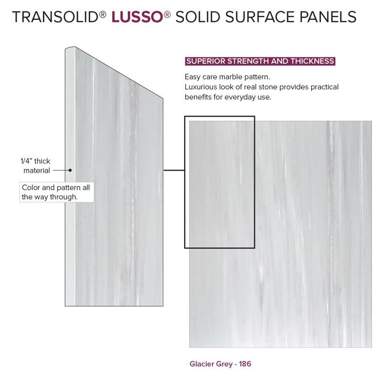 Transolid Lusso 60-in x 36-in x 72-in Glue to Wall 3-Piece Shower Wall Kit, Glacier Grey, Glacier Gray, 72" H x 60" W x 36" D
