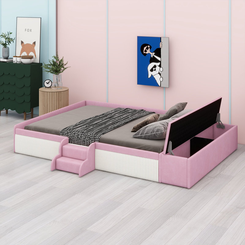 Lit de jour rembourré avec escalier et repose-pieds avec rangement à gaz, Queen Size, Rose et blanc