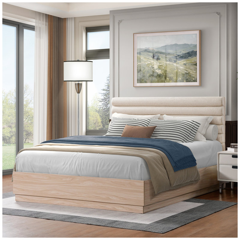 Modern Wood Bed Frame with Upholstered Headboard