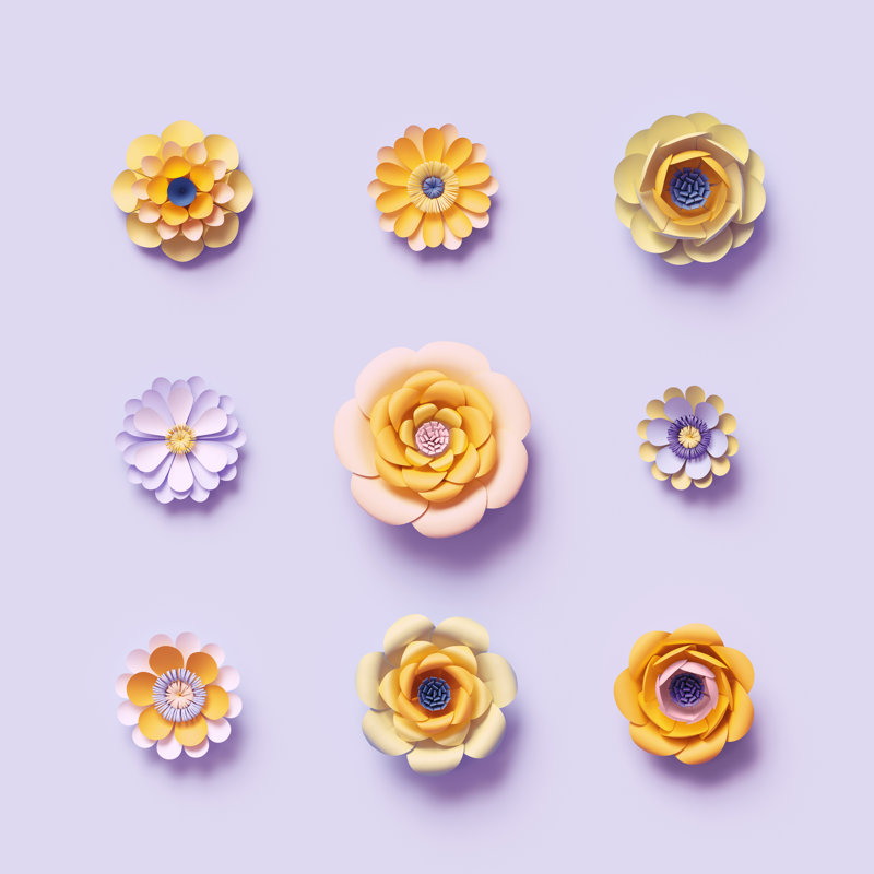 3D Render, Violet Yellow Craft Paper Flowers by Wacomka - Wrapped Canvas Print, 30cm H x 30cm W