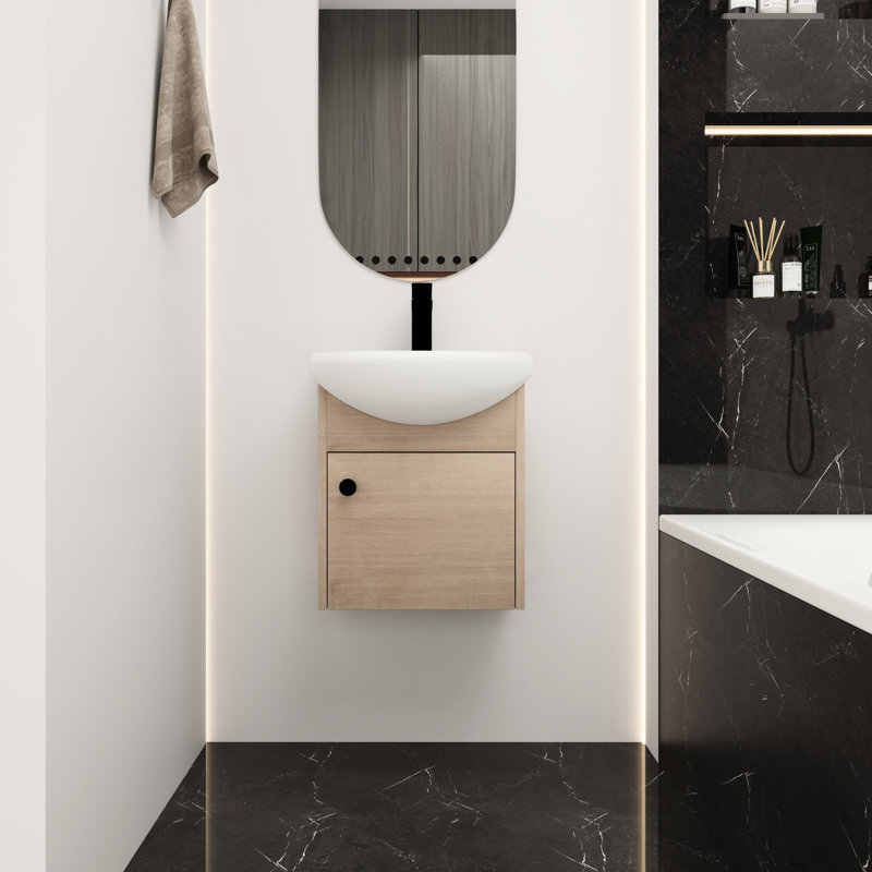 Armoire de salle de bain 18 po avec lavabo en céramique. Unité murale. Contreplaqué. Couleur chêne. Armoire de rangement classique et pratique en porcelaine. Fabrication en contreplaqué. Finition. Simple