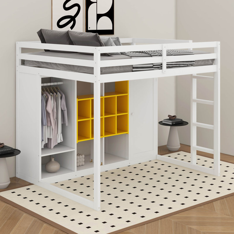 Lit mezzanine en bois pleine grandeur avec garde-robe, tablettes et armoire, Blanc / jaune