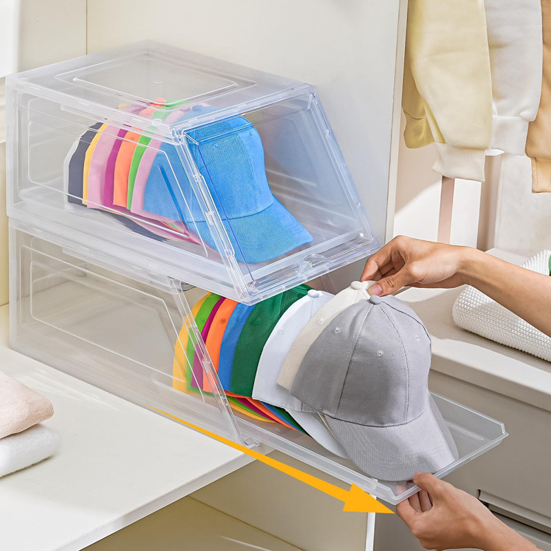 2 Pack Stackable Hat Organizer For Baseball Caps, Large Clear Hat Holder With Sliding Drawer, Hat Storage Box With Door, Baseball Cap Organizer