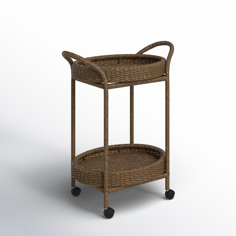 Brown Oval Rattan Bar Cart with Woven Baskets
