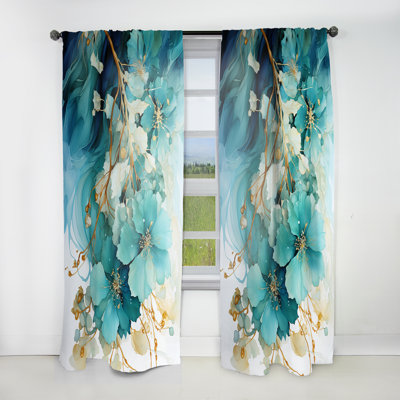 Teal Gold Abstract Fractal Mystic Mirage I - Fractals Room Darkening Abstract Curtain - 1 Panel