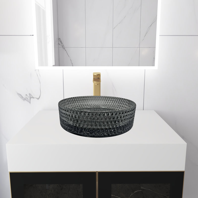 Meuble-lavabo mural moderne de luxe avec comptoir à surface solide de 36 po et lavabo vasque rond en verre, Noir clair