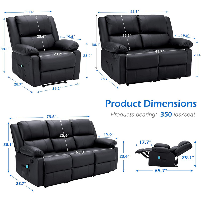 Ensemble de salon inclinable en similicuir Stewumin, Similicuir noir