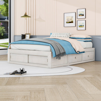 Queen Wood Platform Bed with 4 Drawers and Storage Cubby