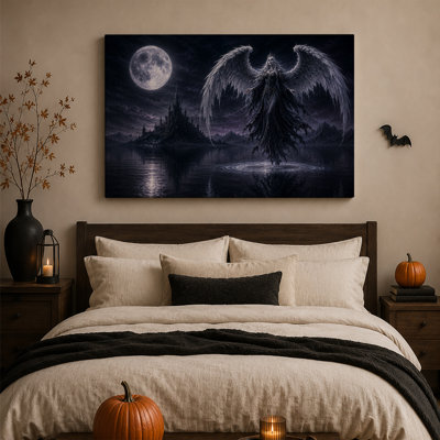 Femme ailée au-dessus d'un château sombre sous la pleine lune - Toile murale d'Halloween