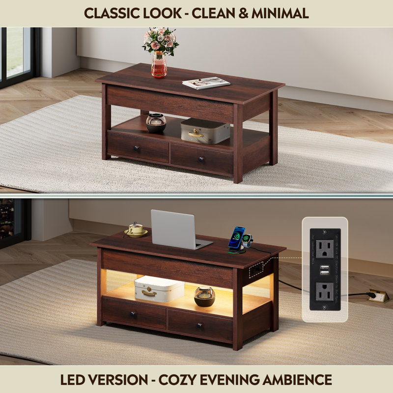 Eoghan Lift Top Coffee Table with Storage, LED Square Coffee Table with Drawers & Hidden Compartment, Modern Coffee Table for Living Room with Adjustable Height