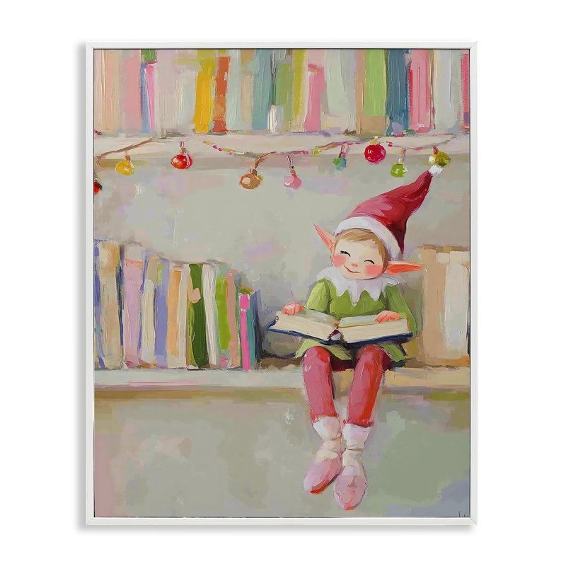 " Elf Reading on Shelf " Graphic Art Print, 14 x 11