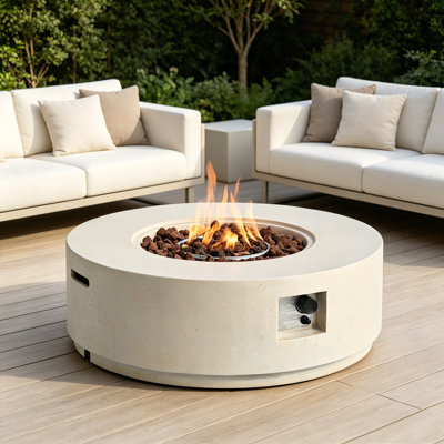 Foyer au propane rond 38 po, foyer d'extérieur au gaz 50 000 BTU avec aspect pierre MGO, brûleur en acier, flamme réglable, couvercle imperméable et pierres de lave