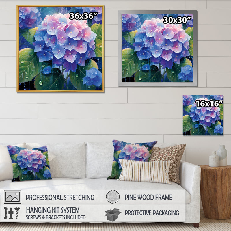 Hortensia bleu et vert - art mural floral grand, H 36 po x l 36 po x P 1,5 po, Cadre flottant blanc