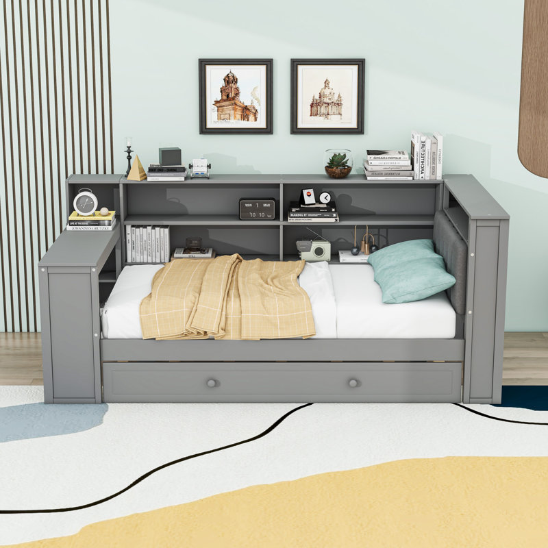 Lit simple en bois avec lit gigogne, tête de lit et bureau à DEL, Gris
