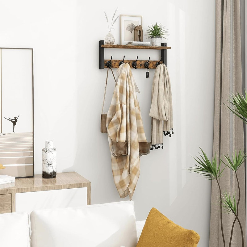 Porte-manteau mural avec tablette et 5 crochets doubles, en bois rustique et métal noir