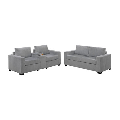 Elegant Simple Sofa W Console Cup Holder And Loveseat 2Pcs Sofa Set Wide-Welt Corduroy Living Room Couch