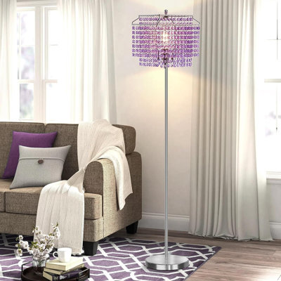 Lampe sur pied en cristal mauve avec abat-jour double couche, lampe sur pied à DEL avec interrupteur marche / arrêt, grand lampadaire à finition argentée pour salon, chambre de fille, commode, bureau