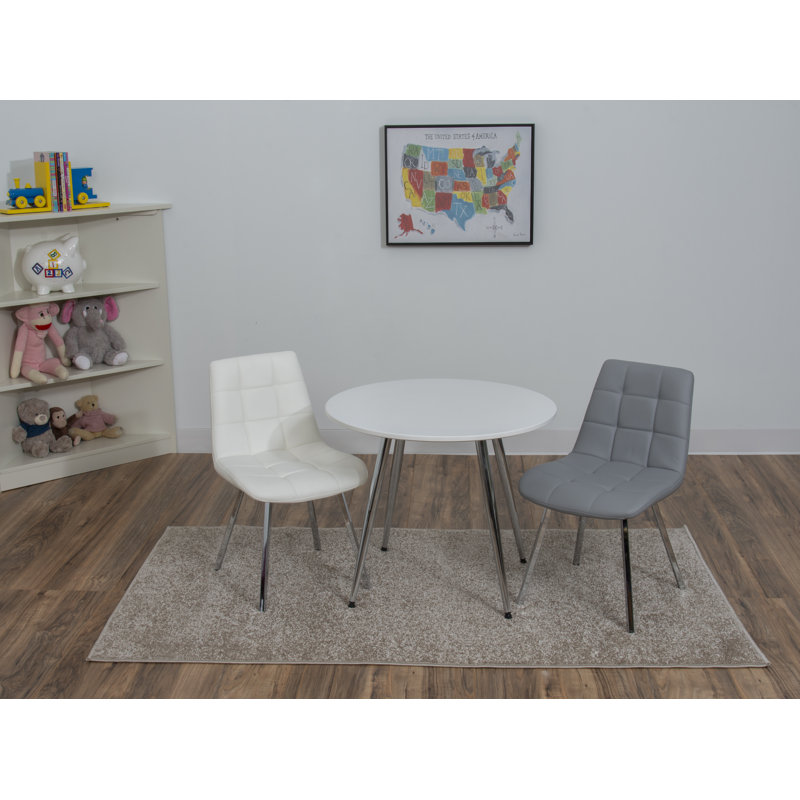 White and Gray Chrome Leg Kids Table with 2 Upholstered Chairs