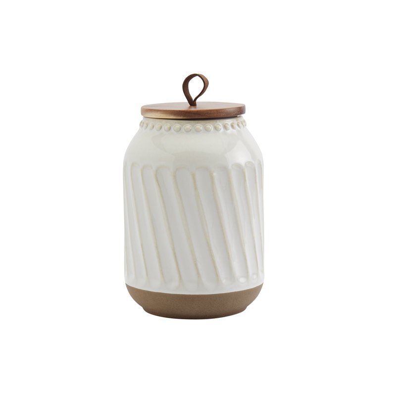 Embossed White Ceramic Canister Set with Acacia Wood Lids, 3 Piece