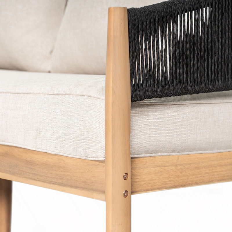 Causeuse d'extérieur en bois d'acacia de patio, Coussin beige / cadre brun clair / noir