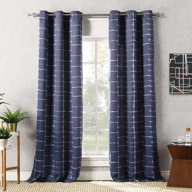 Saki Print Blackout Grommet Curtain Panel, Navy, 40" W x 84" L