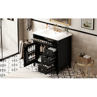 Meuble-lavabo noir 30 po avec lavabo, panneau de fibres à densité moyenne moderne et bois d'hévéa avec 3 tiroirs et tablette réglable, meuble-lavabo autoportant pour le rangement et l'organisation de la salle de bain (porte de gauche)