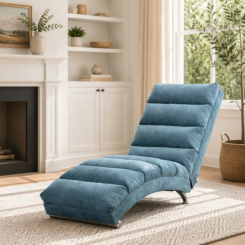 Chaise longue rembourrée de luxe avec vibration pour la détente, fauteuil inclinable moderne en tissu à dossier fixe pour le salon / la chambre à coucher