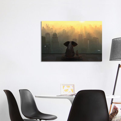 Elephant And Dog Sit On The Roof Of A Skyscraper by Mike Kiev - Wrapped Canvas Print