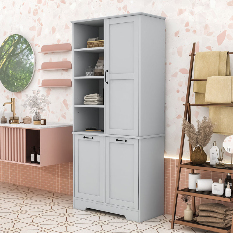 Armoire de rangement autoportante en bois avec tablettes réglables et paniers à linge inclinables, Gris