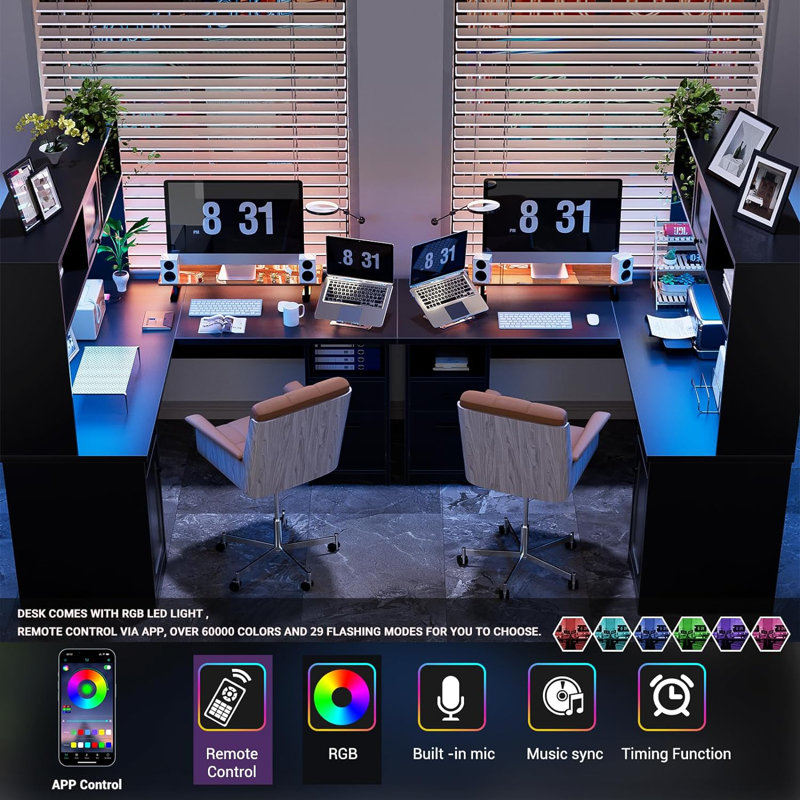 Black L-Shaped Executive Desk with Hutch and Power Outlet