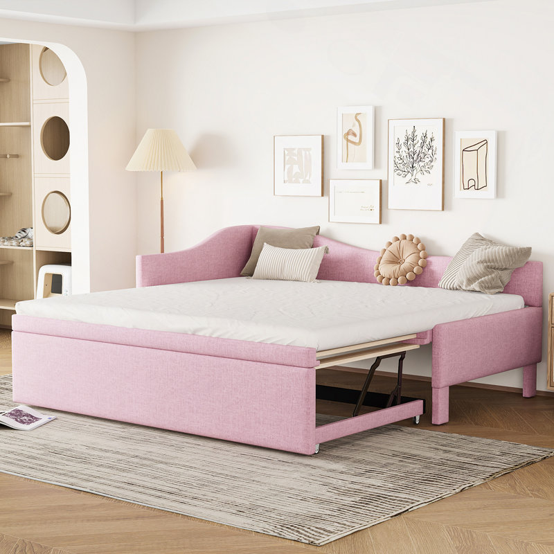 Upholstered L-Shaped Upholstered Daybed With Pop Up Trundle, Pink