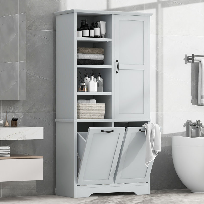 Armoire de rangement pour salle de bain avec portes et tiroirs, panier à linge inclinable, plusieurs espaces de rangement, style autoportant, tablette ouverte, tablette réglable