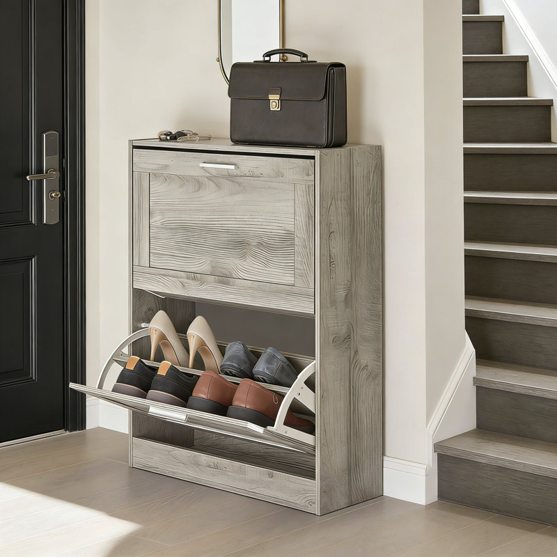 Narrow 2-Drawer Shoe Storage Cabinet with Flip-Drawers Shoe Organizer for Entryway, Hallway, Gray, Gray