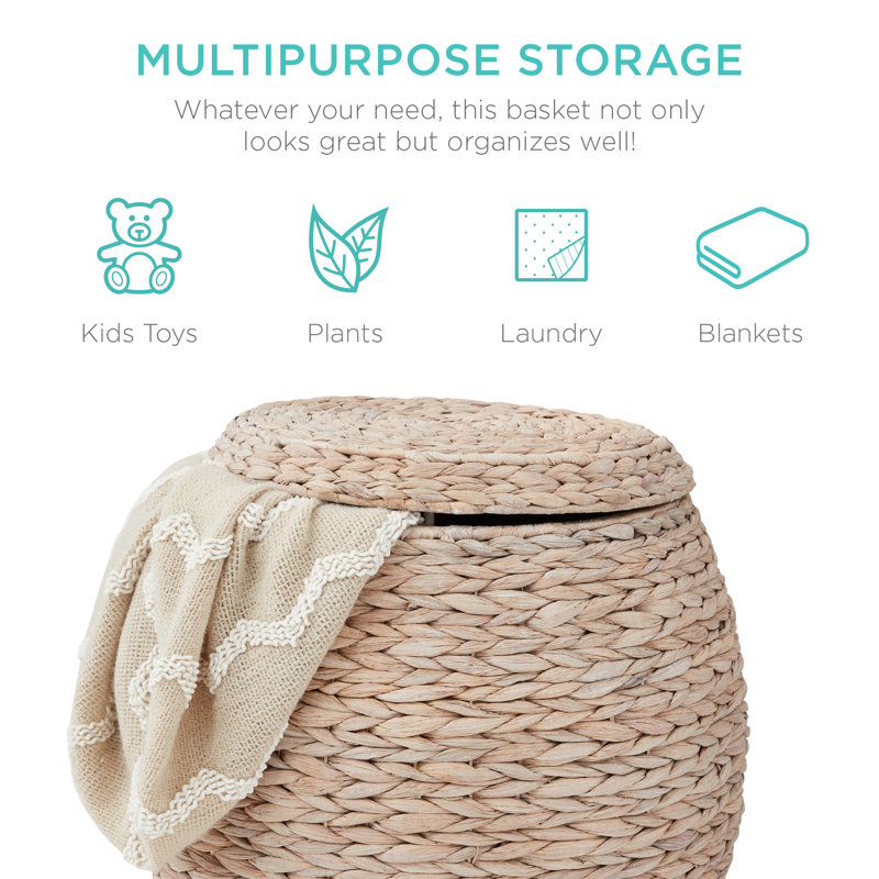 Round Beige Hyacinth Storage Basket with Metal Handles and Lid