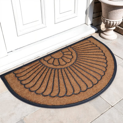 Tapis de porte d'extérieur demi-cercle noir et naturel 24 po x 36 po en fibre de coco et caoutchouc