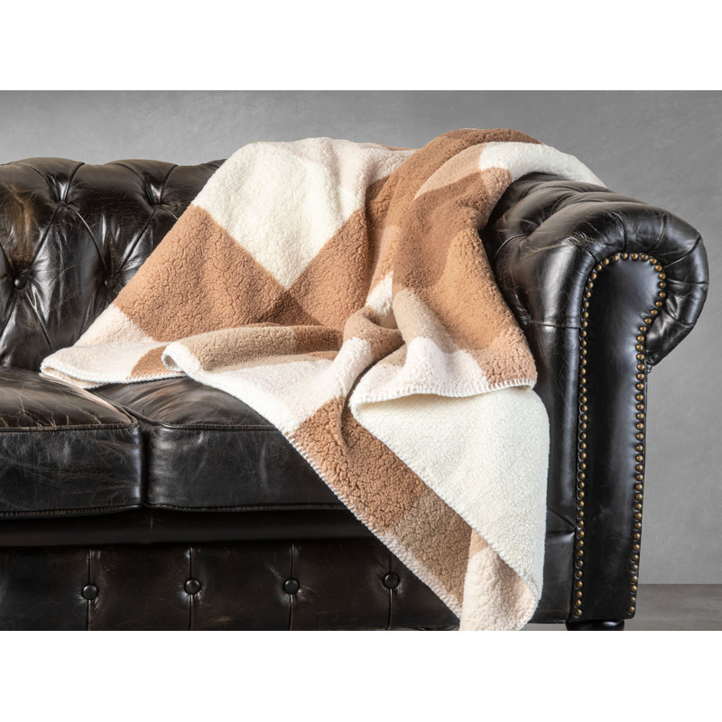 Taupe Plaid Reversible Sherpa Fleece Throw Blanket 50x60