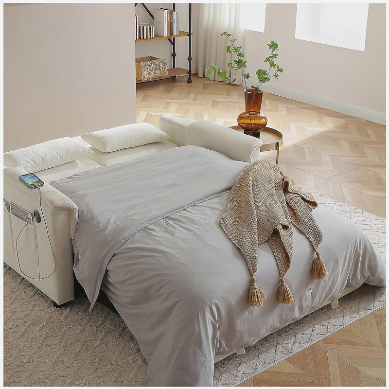 Canapé-lit double en velours de 55 po, dossier réglable avec port USB, poches latérales, canapé-lit convertible 3-en-1, fauteuil de loisir moderne, 2 coussins lombaires, brun clair, convient au salon