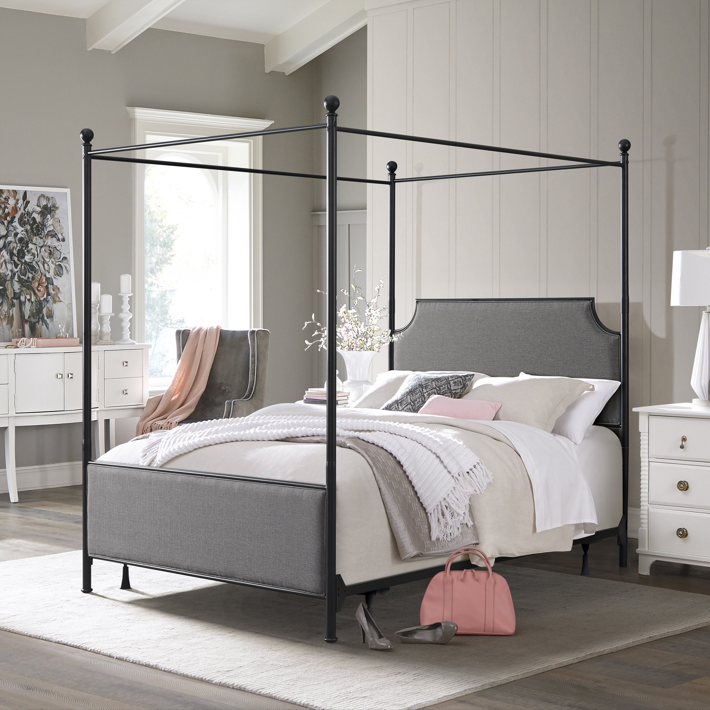 Lark Manor Nordland Upholstered Metal Canopy Bed & Reviews | Wayfair