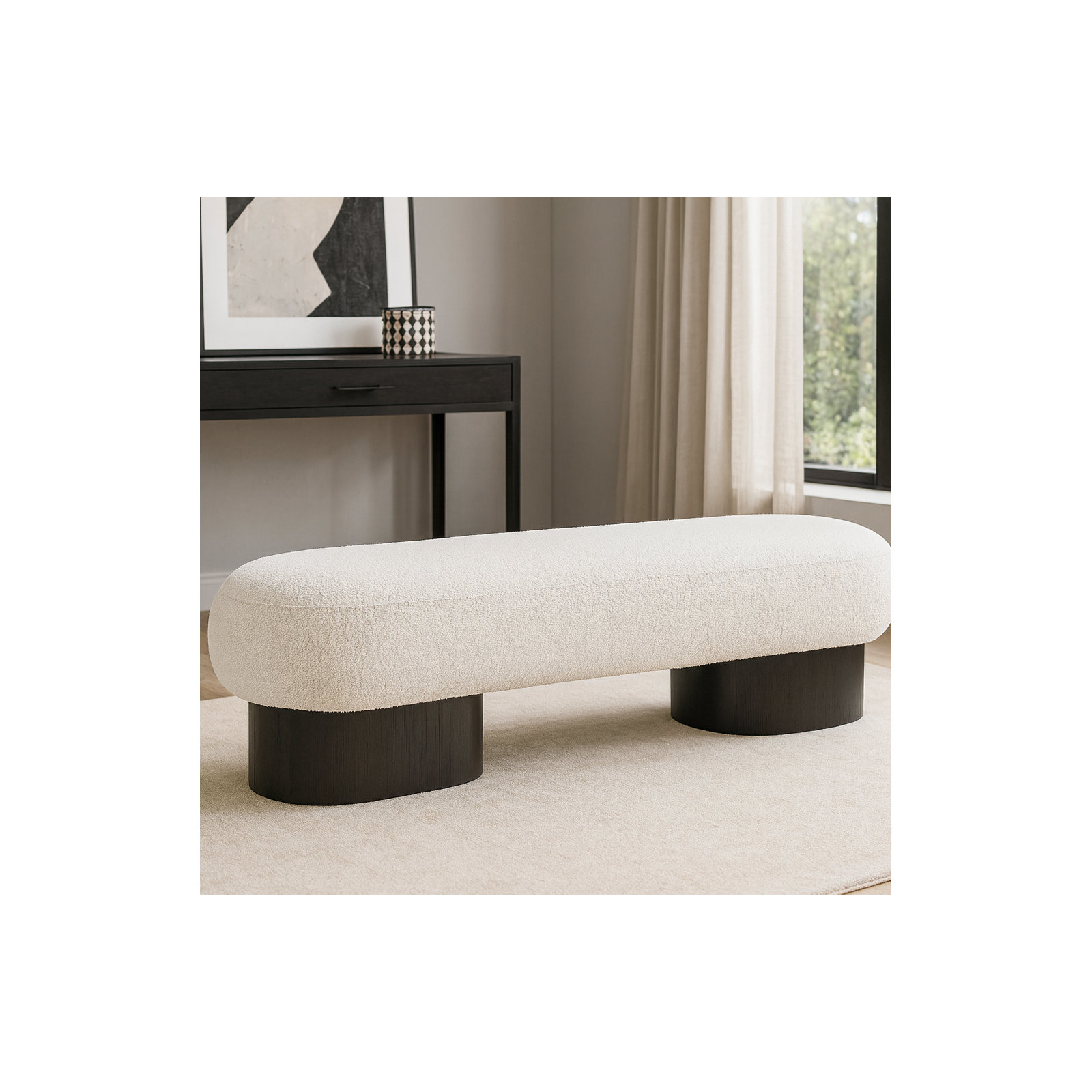 Denyer Boucle Fabric Upholstered Bench, Black, Cream Boucle Fabric